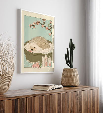 Hedgehog in a calm bath surrounded by sakura petals – traditional Japanese art