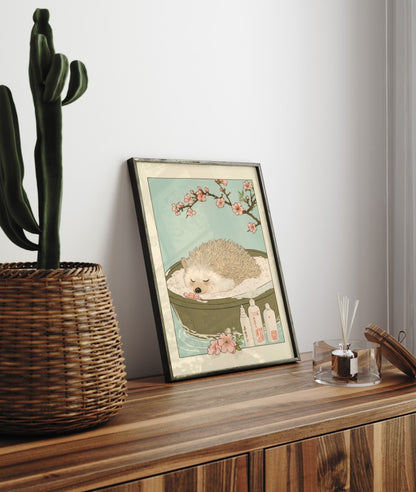 Peaceful bath scene with hedgehog, blossoms, and soap bottles – Japanese wall print