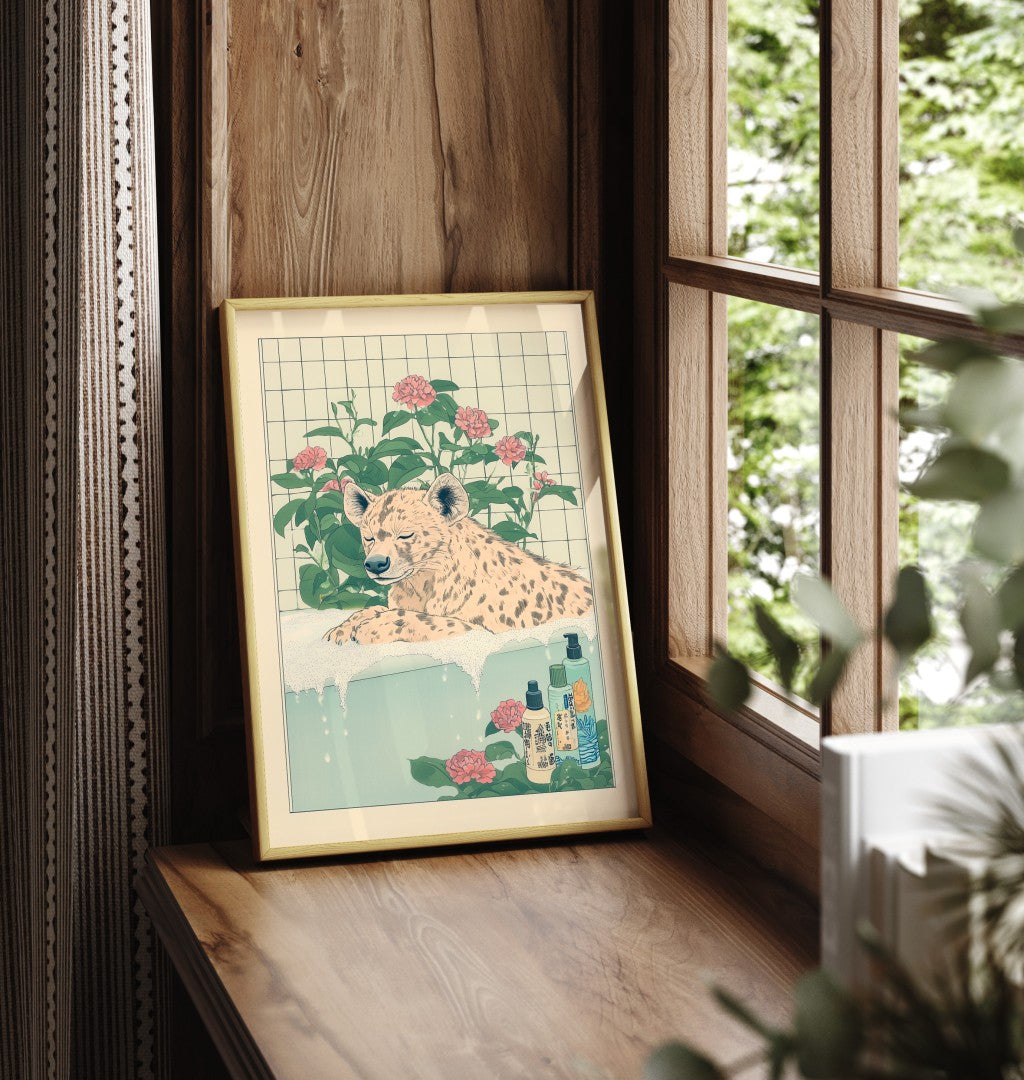 Framed Japanese-style illustration of a calm hyena in a tiled bathhouse scene