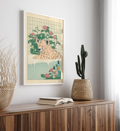Tranquil hyena bath scene with floral accents and soap bottles – wall art print