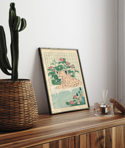 Peaceful hyena soaking in foamy bath with soft blooms – traditional Japanese art