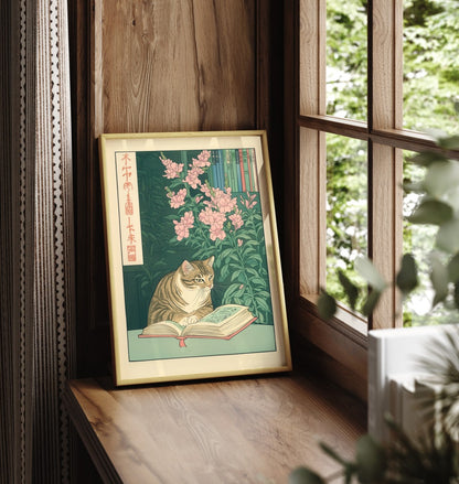 Illustrated art print of a striped cat studying an open book beside blooming flowers