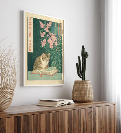 Tabby cat sitting at a table reading a book in a serene floral setting