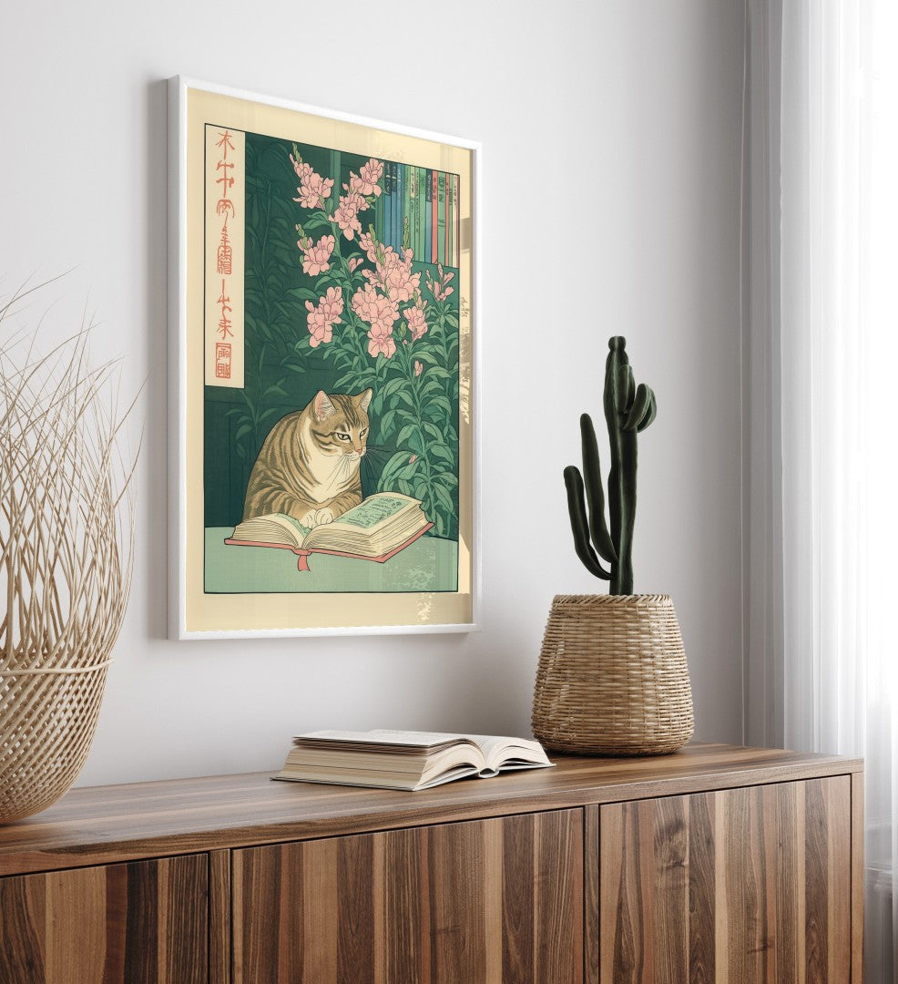 Tabby cat sitting at a table reading a book in a serene floral setting