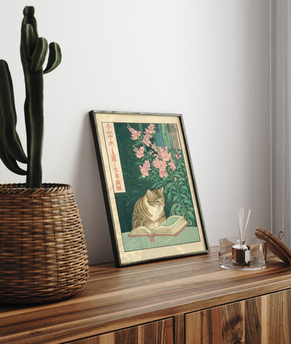 Framed wall art of a book-loving cat in a peaceful botanical reading nook