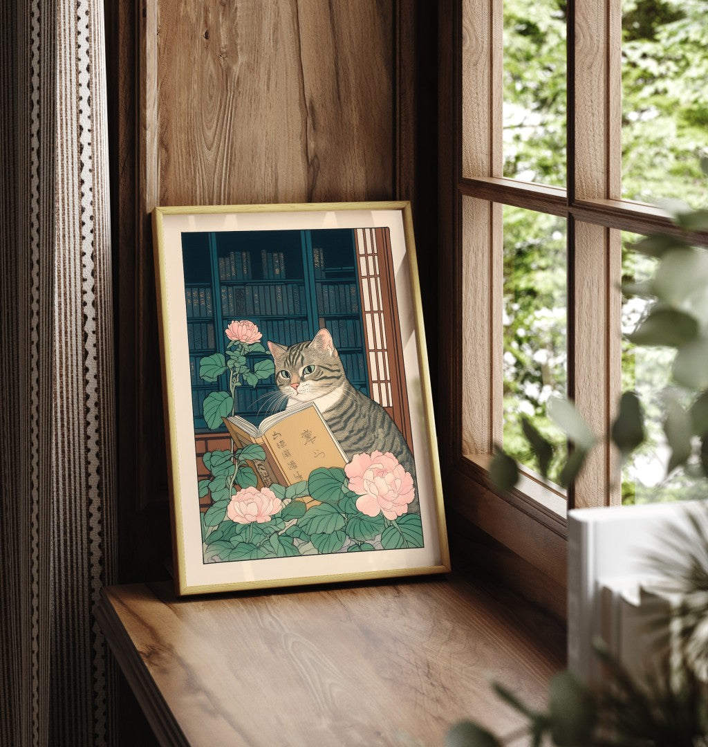 Framed print of a cat sitting among roses, holding an open book in a peaceful library scene