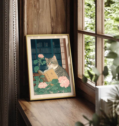 Framed print of a cat sitting among roses, holding an open book in a peaceful library scene