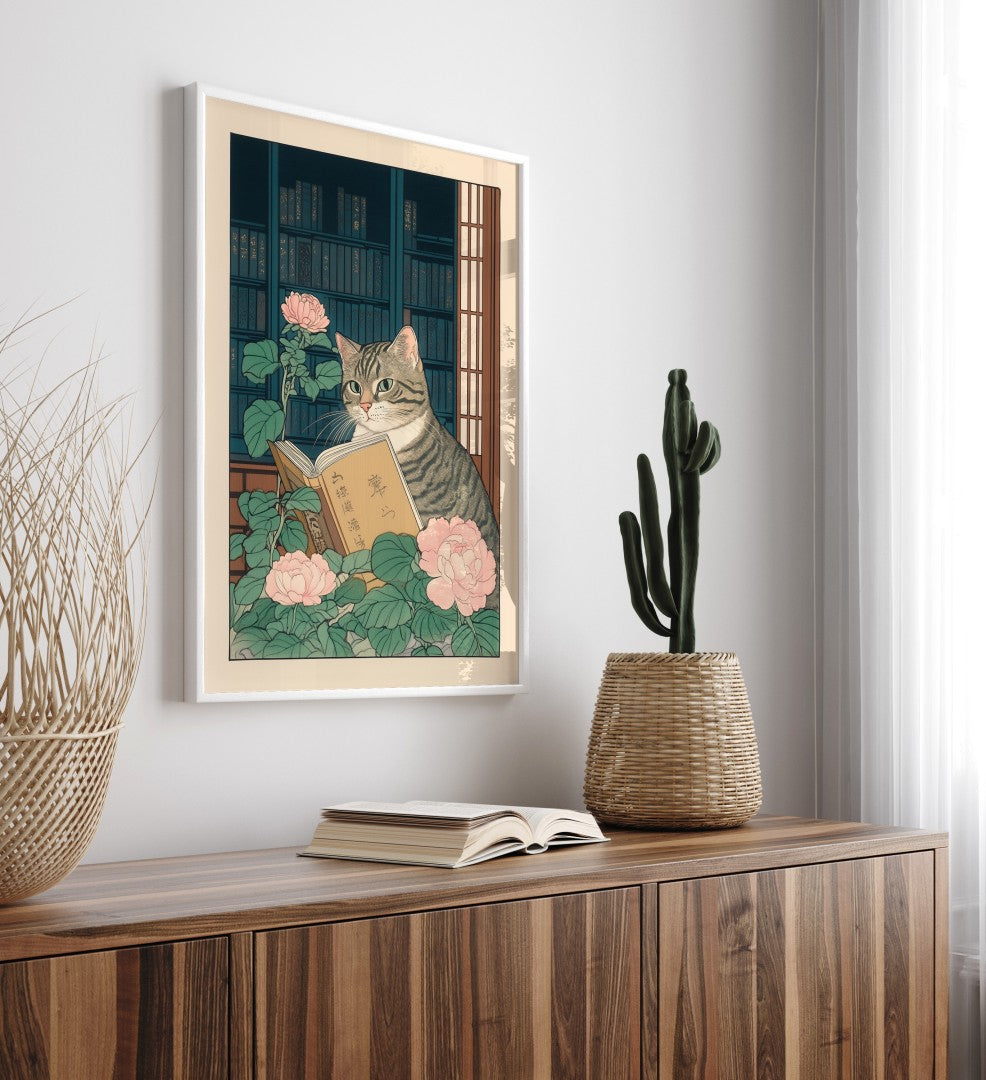 Tabby cat in a traditional Japanese room, reading a book beside blooming flowers and bookshelves