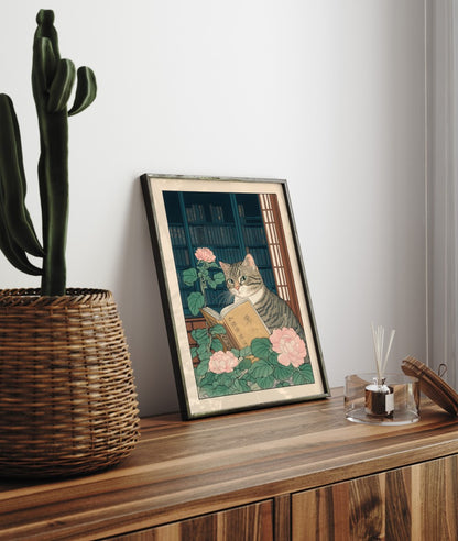 Illustrated wall art of a studious cat reading quietly in a cozy, floral library