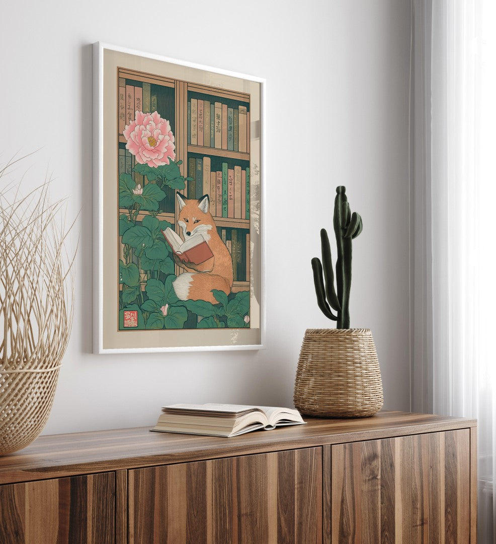Art print featuring a thoughtful fox holding a book in a serene library scene