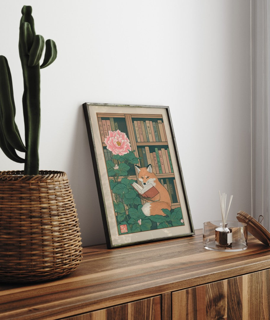 Tranquil artwork of a fox with a red book, surrounded by lush greenery and traditional bookshelves