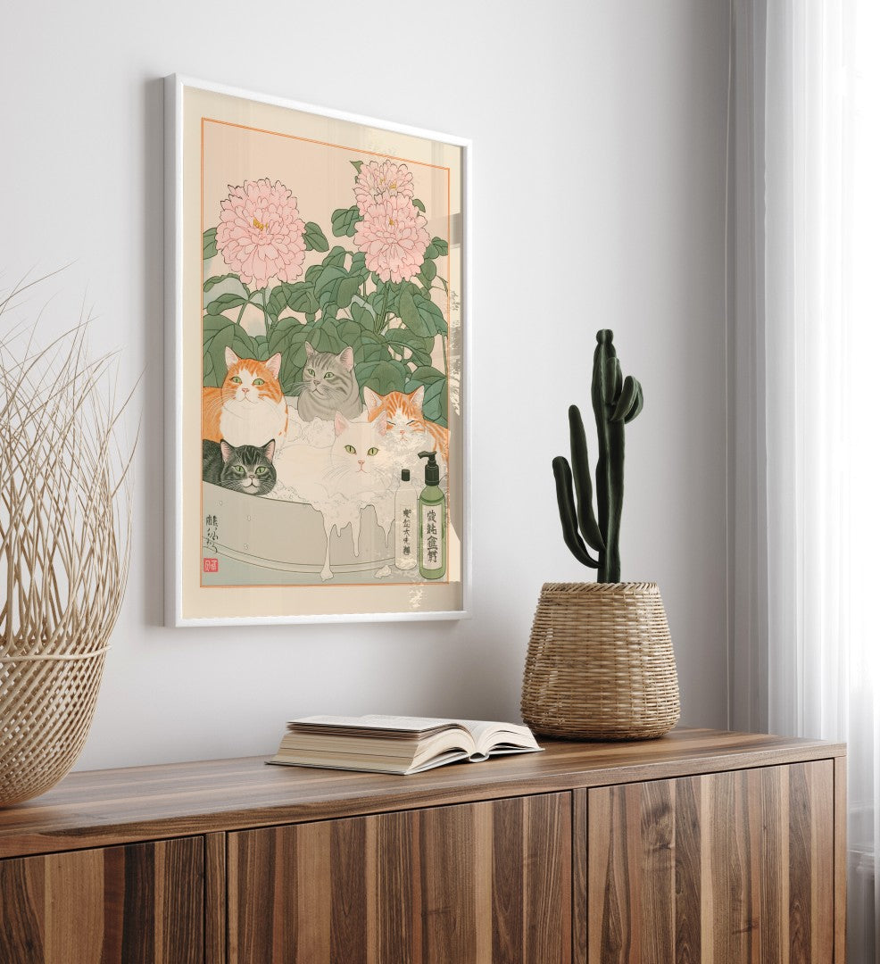 Peaceful group of cats in a bubble bath surrounded by blossoms – Japanese art print