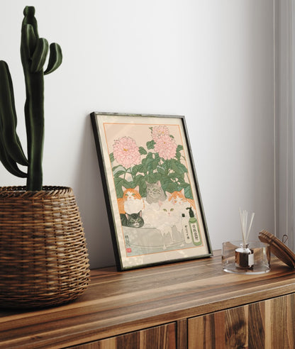 Cats resting in a round tub with foam and peonies – traditional Japanese-style wall art