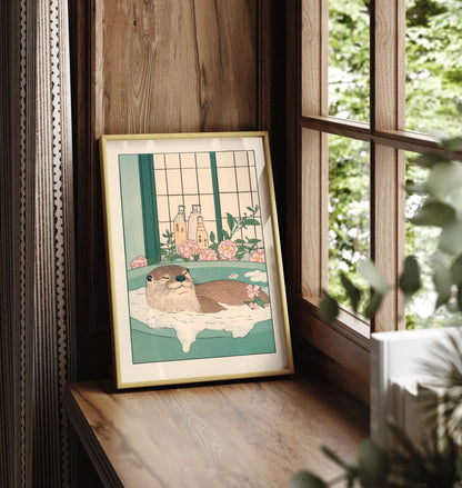 Framed Japanese-style illustration of a relaxed otter soaking in a floral tub