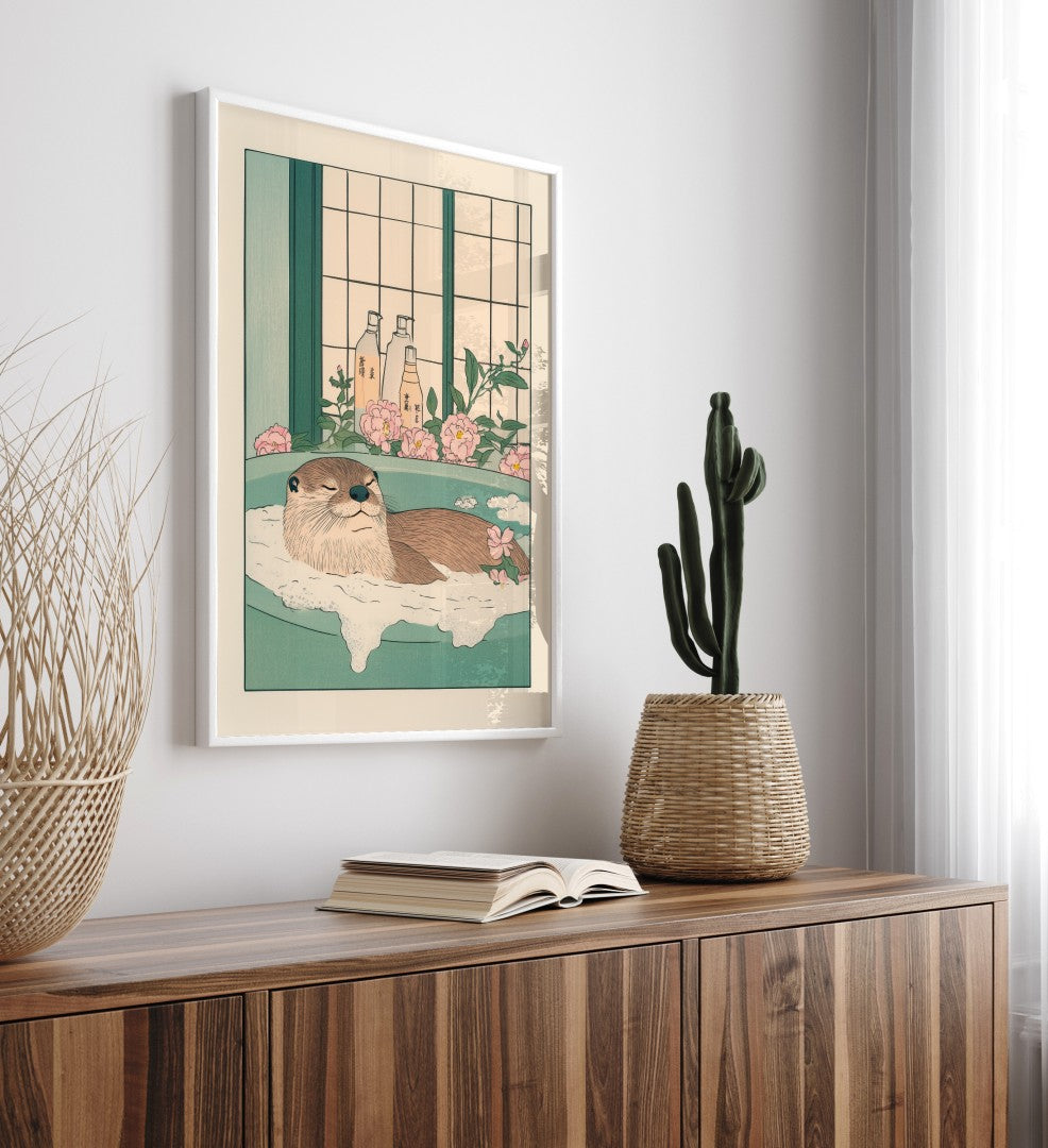 Peaceful otter bath scene with blossoms and bottles – traditional Japanese print
