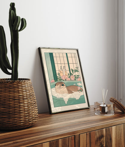 Otter soaking in a round tub surrounded by soft pink flowers – Japanese-style wall art