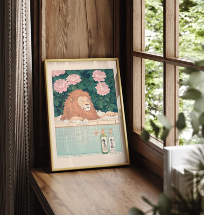 Framed Japanese-style illustration of a lion soaking in a foamy bath scene