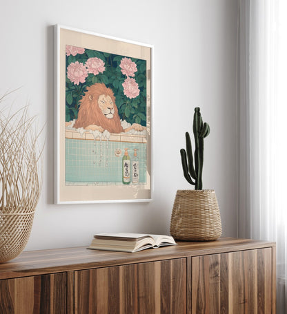 Serene lion bath scene with soft flowers and soap bottles – traditional Japanese art