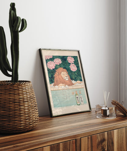 Lion resting in a bath with bubbles and blooming flowers – Japanese-style wall print