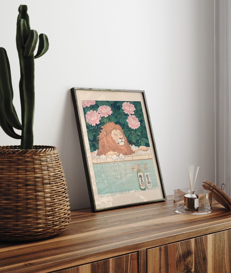Lion resting in a bath with bubbles and blooming flowers – Japanese-style wall print