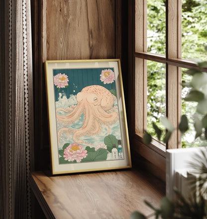 Framed Japanese-style illustration of a peaceful octopus in swirling water