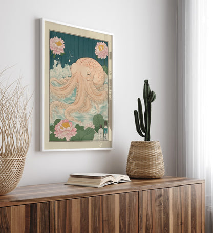 Octopus resting in a foamy bath surrounded by lotus blossoms – Japanese art print