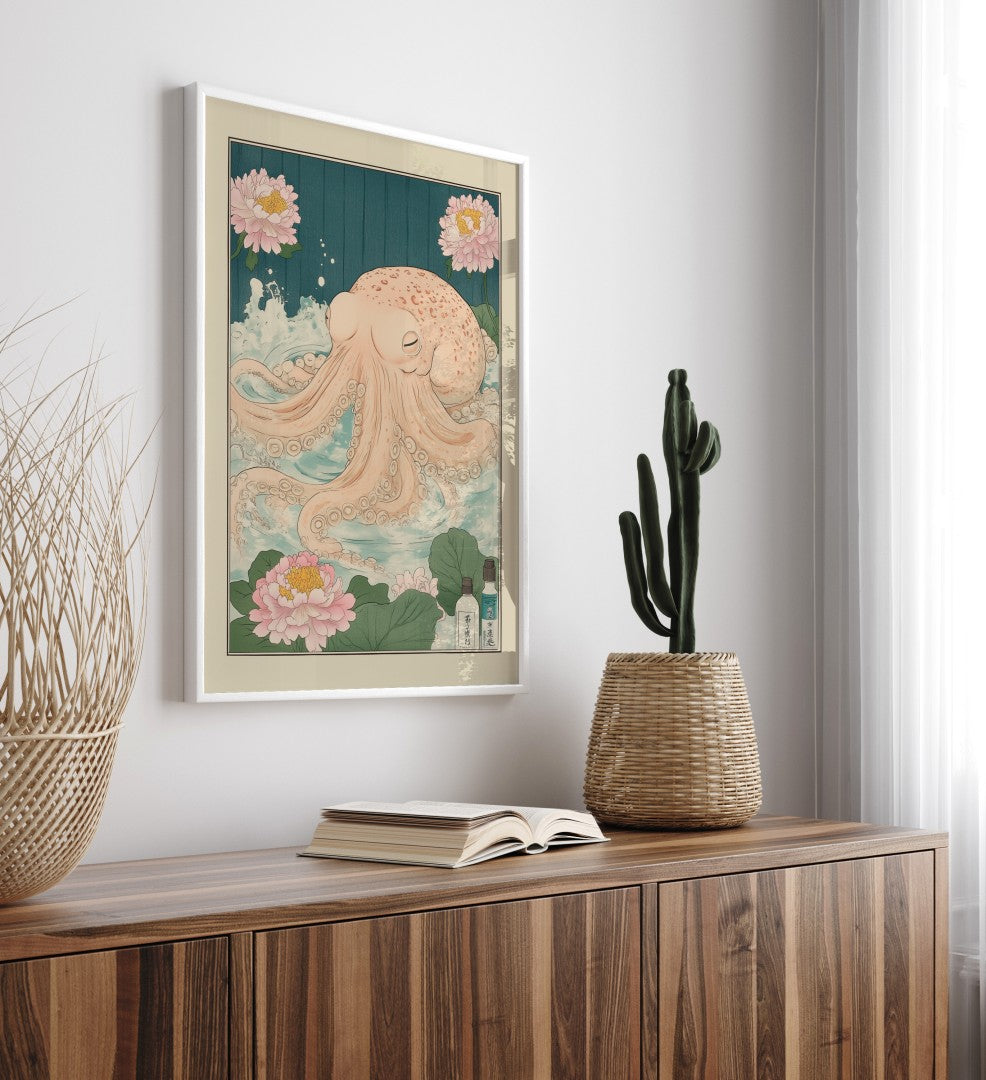 Octopus resting in a foamy bath surrounded by lotus blossoms – Japanese art print
