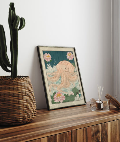 Tranquil octopus bath scene with soap bottles and flowers – traditional Japanese wall art