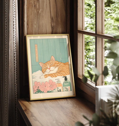 Framed Japanese-style illustration of a tabby cat soaking in a bubble bath