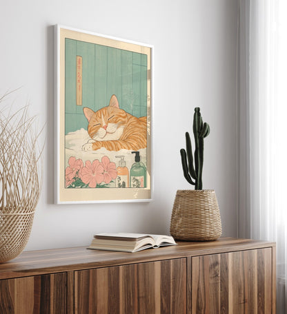 Orange cat resting in a foamy bath with flowers – Japanese bathhouse print