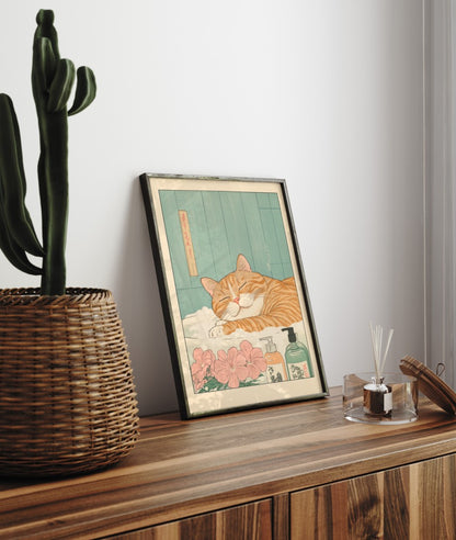 Serene tabby cat bath scene with bottles and floral accents – Japanese-style art print