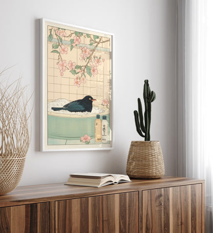 High-quality framed blackbird bathroom wall art with soft pink blossoms
