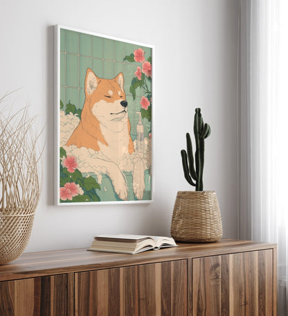 Akita Inu in a bubble bath with pink flowers and soap bottle – Japanese art print