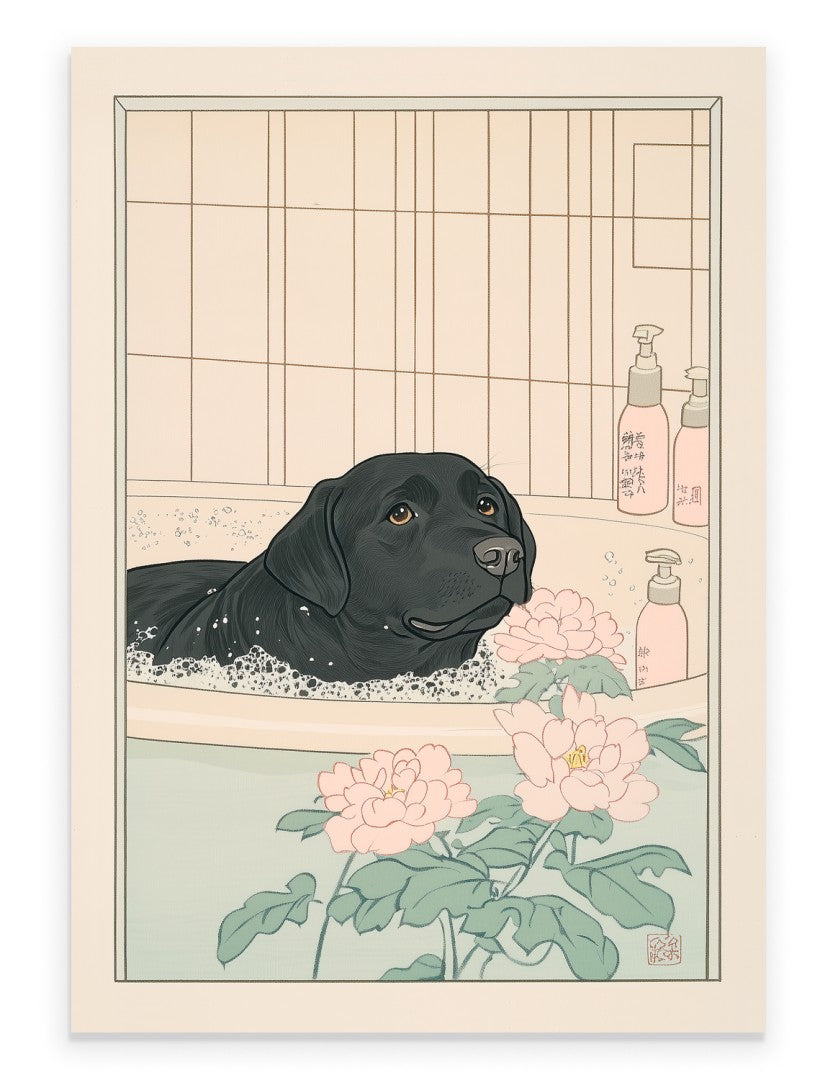 Art print of a black Labrador in a bubble bath with pale pink flowers

