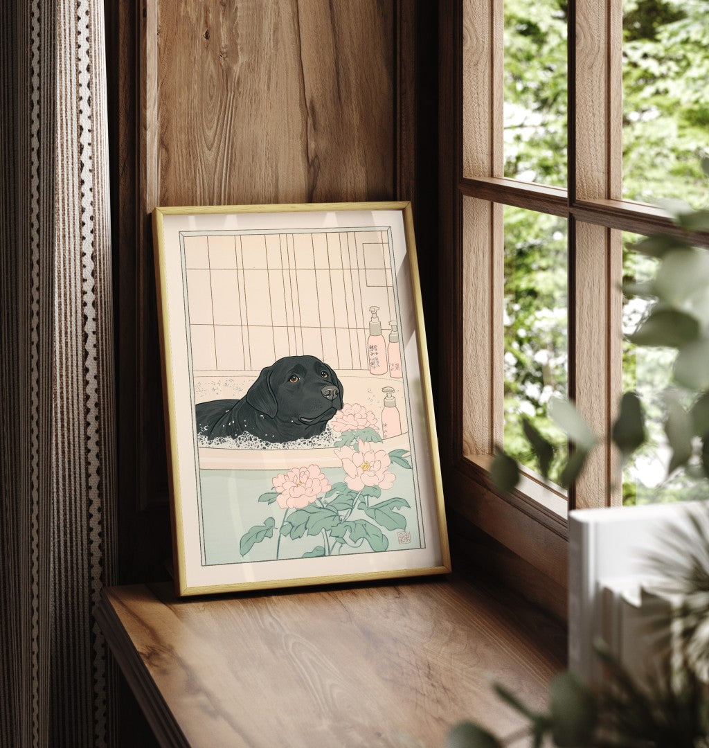 Framed Japanese-style illustration of a calm black dog in a tiled bath