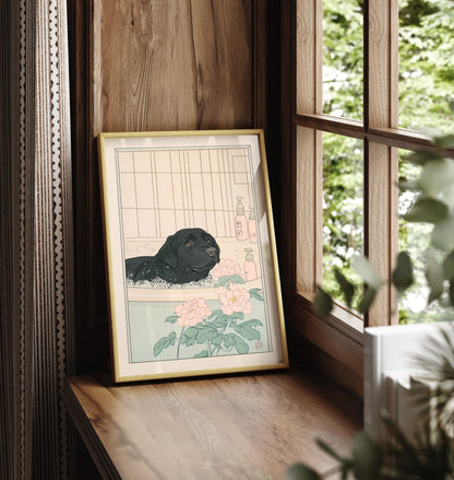 Framed Japanese-style illustration of a calm black dog in a tiled bath