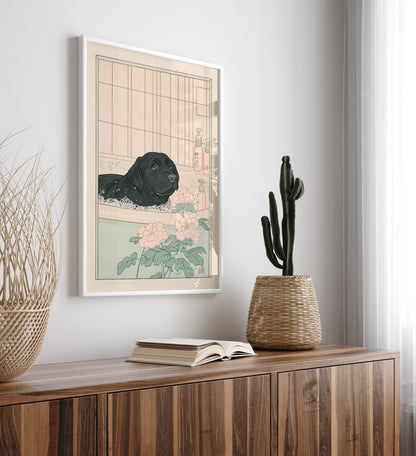 Labrador soaking peacefully in a bath with floral details – Japanese bathhouse art