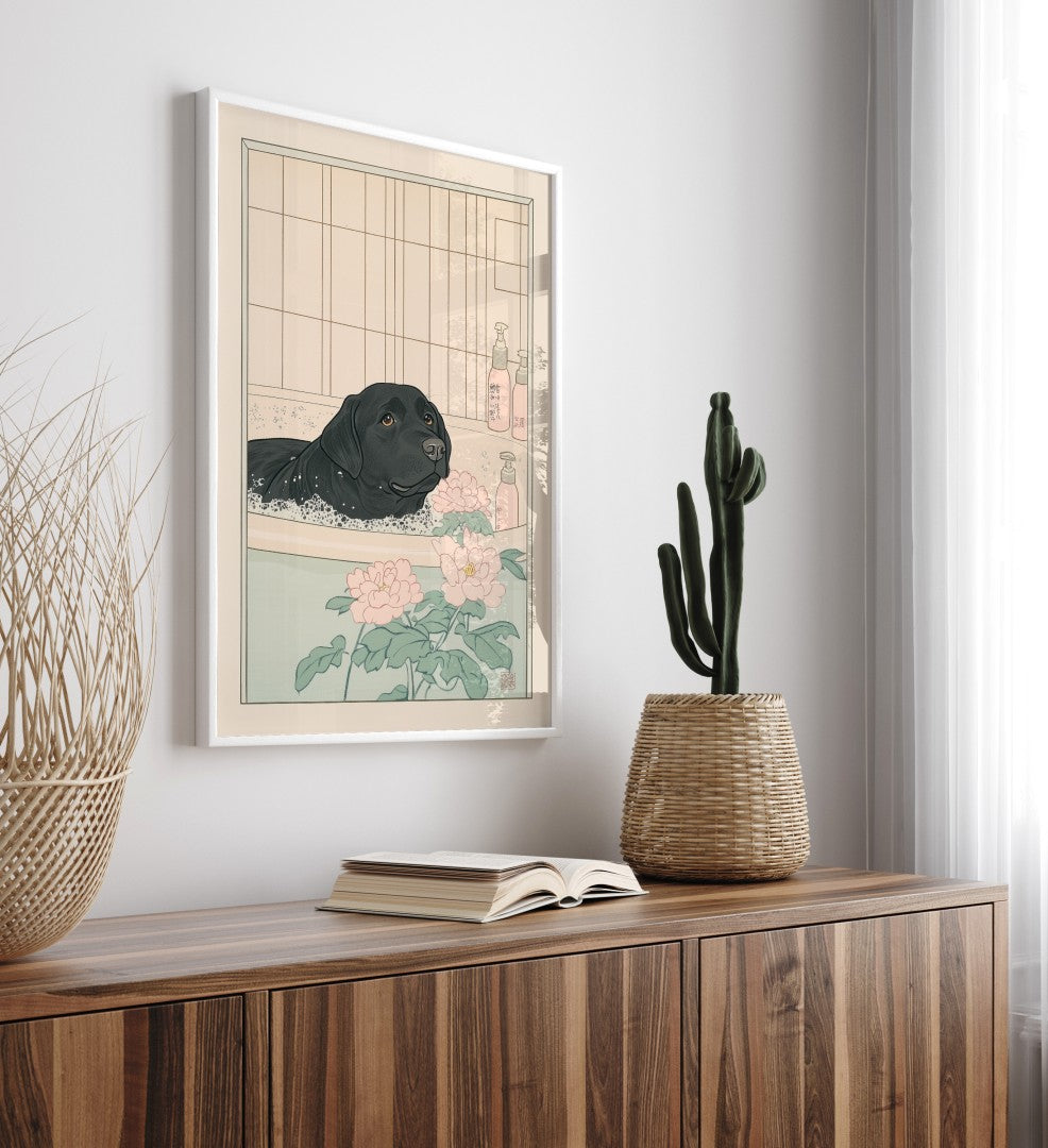 Labrador soaking peacefully in a bath with floral details – Japanese bathhouse art