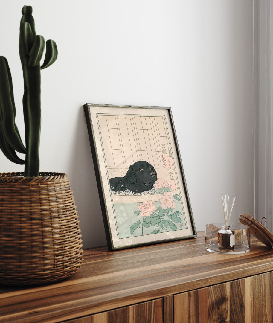 Serene dog bath scene with soap bottles and blossoms – traditional Japanese wall print
