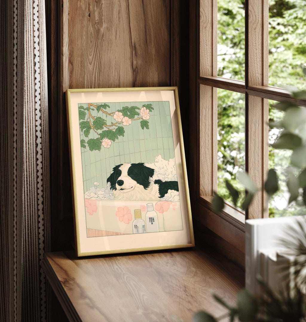 Framed Japanese-style illustration of a Border Collie soaking peacefully in a tiled tub