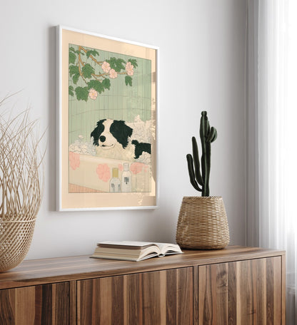 Border Collie in a foamy bath with blossoms and bottles – Japanese bathhouse art print
