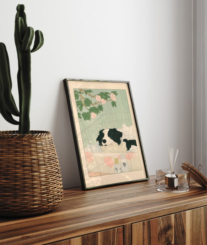 Calm black and white dog bathing with soft pink petals – Japanese-style wall art