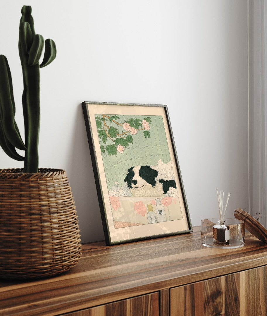 Calm black and white dog bathing with soft pink petals – Japanese-style wall art