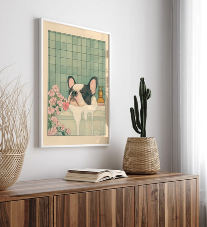 Boston Terrier in a bubble bath surrounded by floral details – Japanese bathhouse print