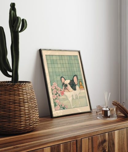 Calm Boston Terrier resting in a bath with soap foam and blossoms – traditional Japanese-style wall art