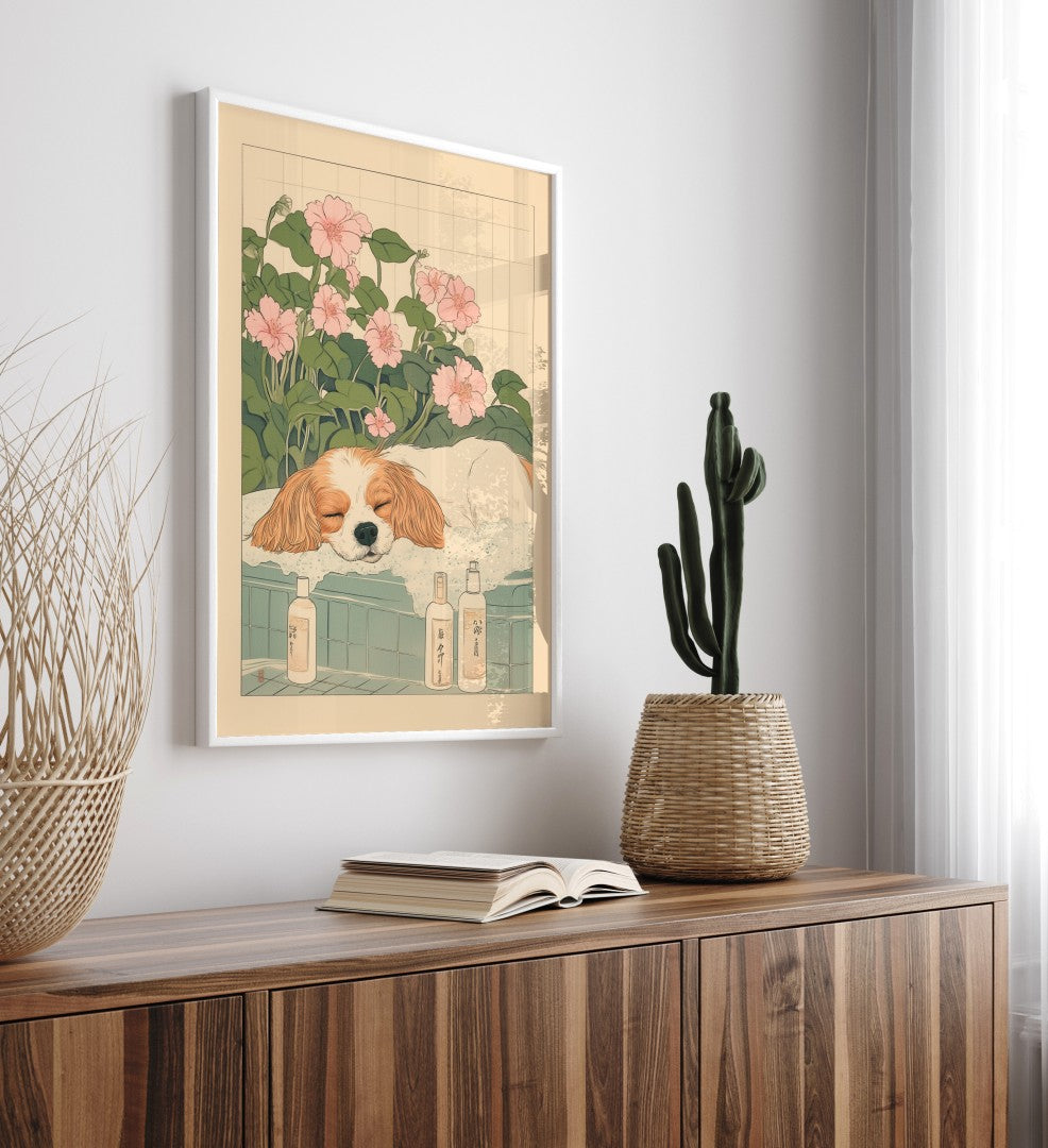 Cavalier soaking peacefully in a tiled bath with floral accents – Japanese bathhouse print