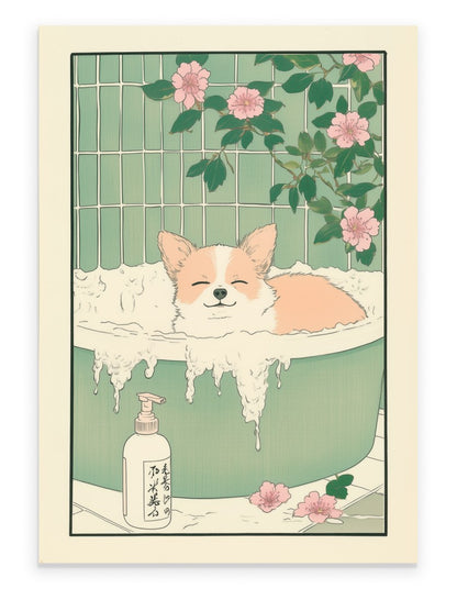 Art print of a Chihuahua resting in a foamy bath with flowers and tiled background