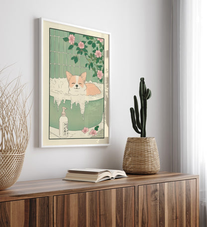 Chihuahua in a bubbly bath surrounded by soap and blossoms – Japanese art print