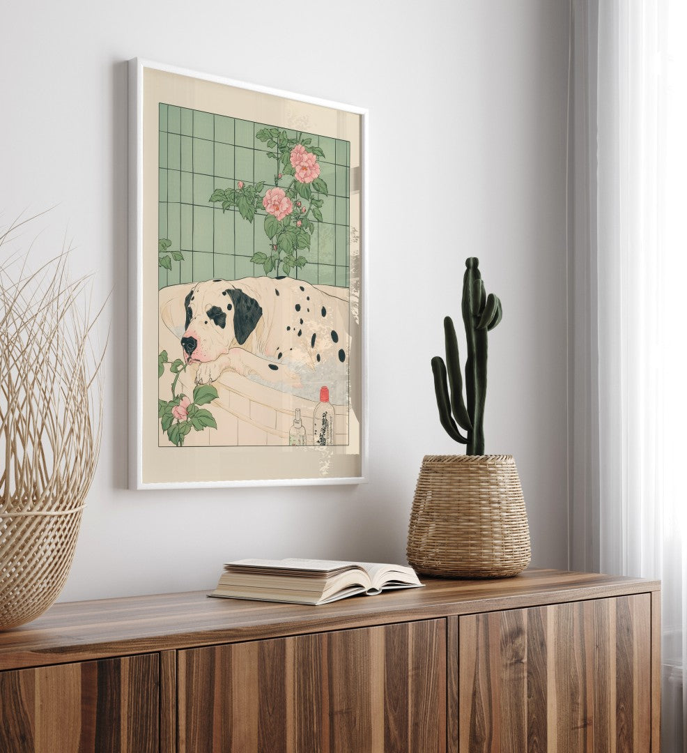 Calm Great Dane bath scene with flowers and soap bottles – Japanese wall art print
