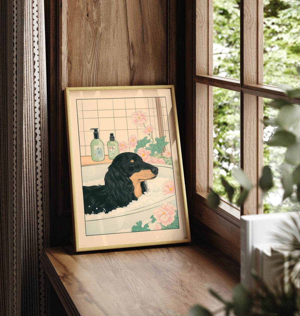 Long-haired dachshund in bubble bath with tiled wall and blossoms – bathroom print
